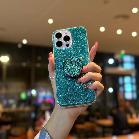 MUYEFW Case for Samsung Galaxy S21 Case 6.2 Glitter Bling for Women Girls Sparkle Cover with Ring Holder Expanding Kickstand Cute Protective Phone Cases (Green)
