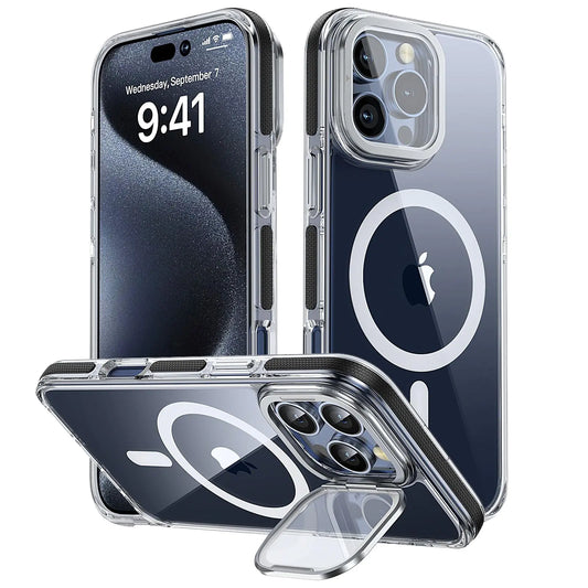 Moupiro for iPhone 16 pro max Case [Compatible with MagSafe][Built-in Stand Phone Case] Full Camera protetction for iPhone 16 pro max Phone Case 6.9 inch，Black Clear